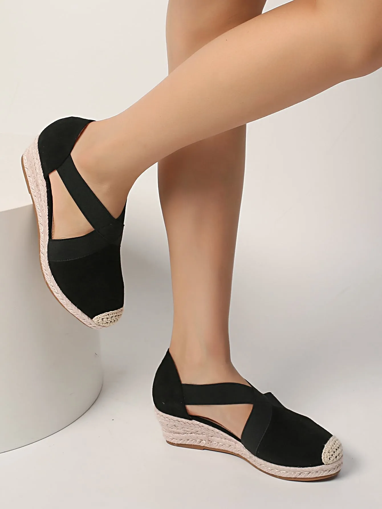 Cut Out Espadrille Faux Suede Court Wedge Shoes