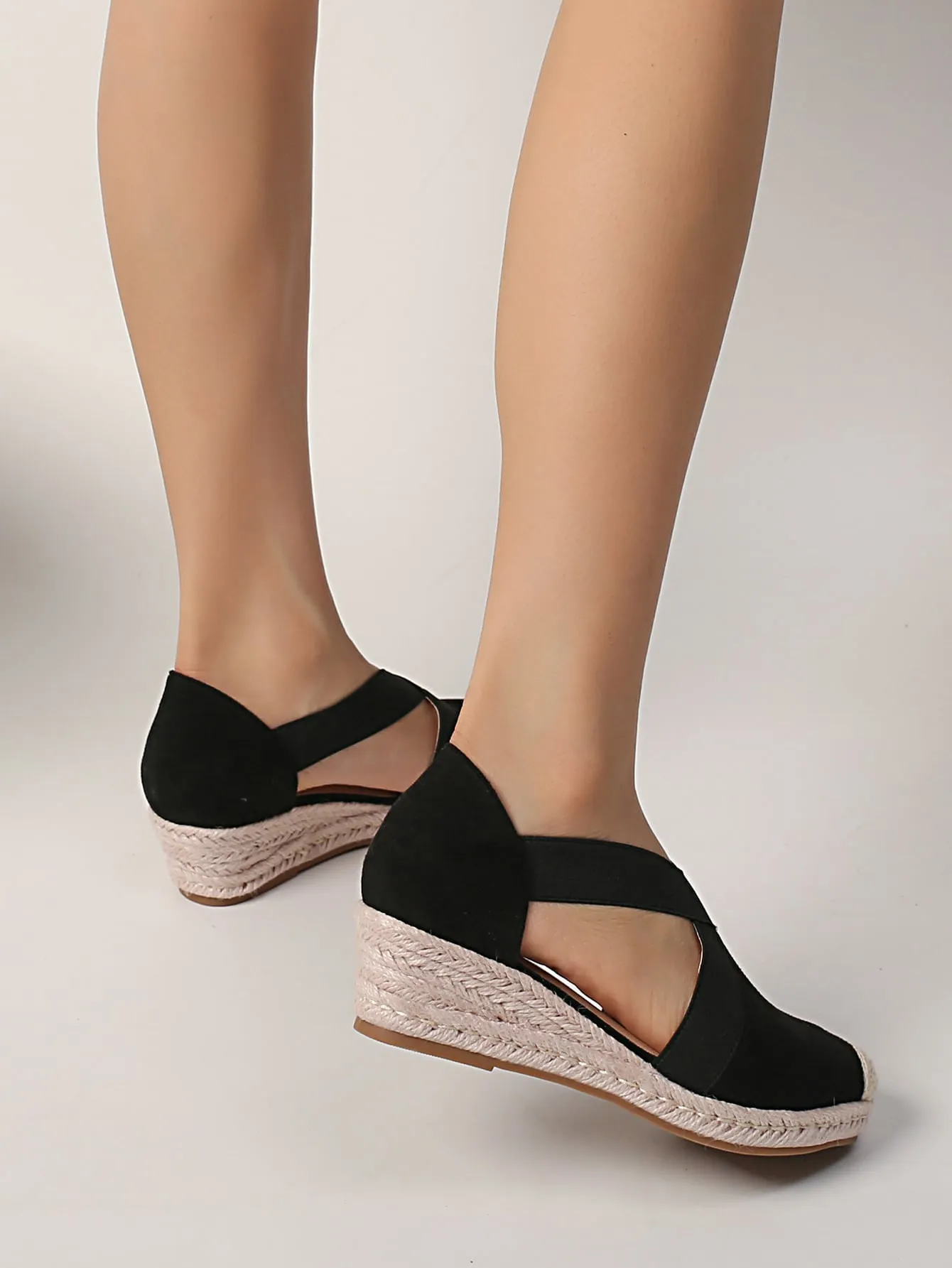 Cut Out Espadrille Faux Suede Court Wedge Shoes