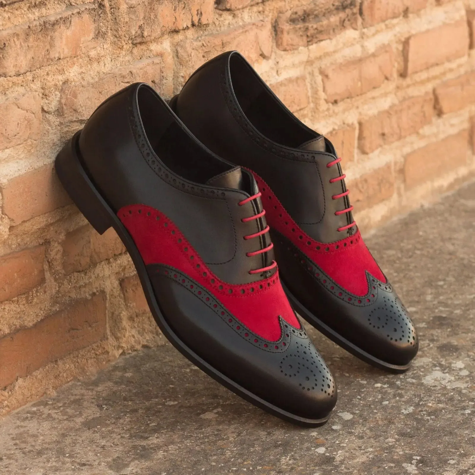 DapperFam Aeron in Black / Red Men's Italian Leather & Italian Suede Full Brogue