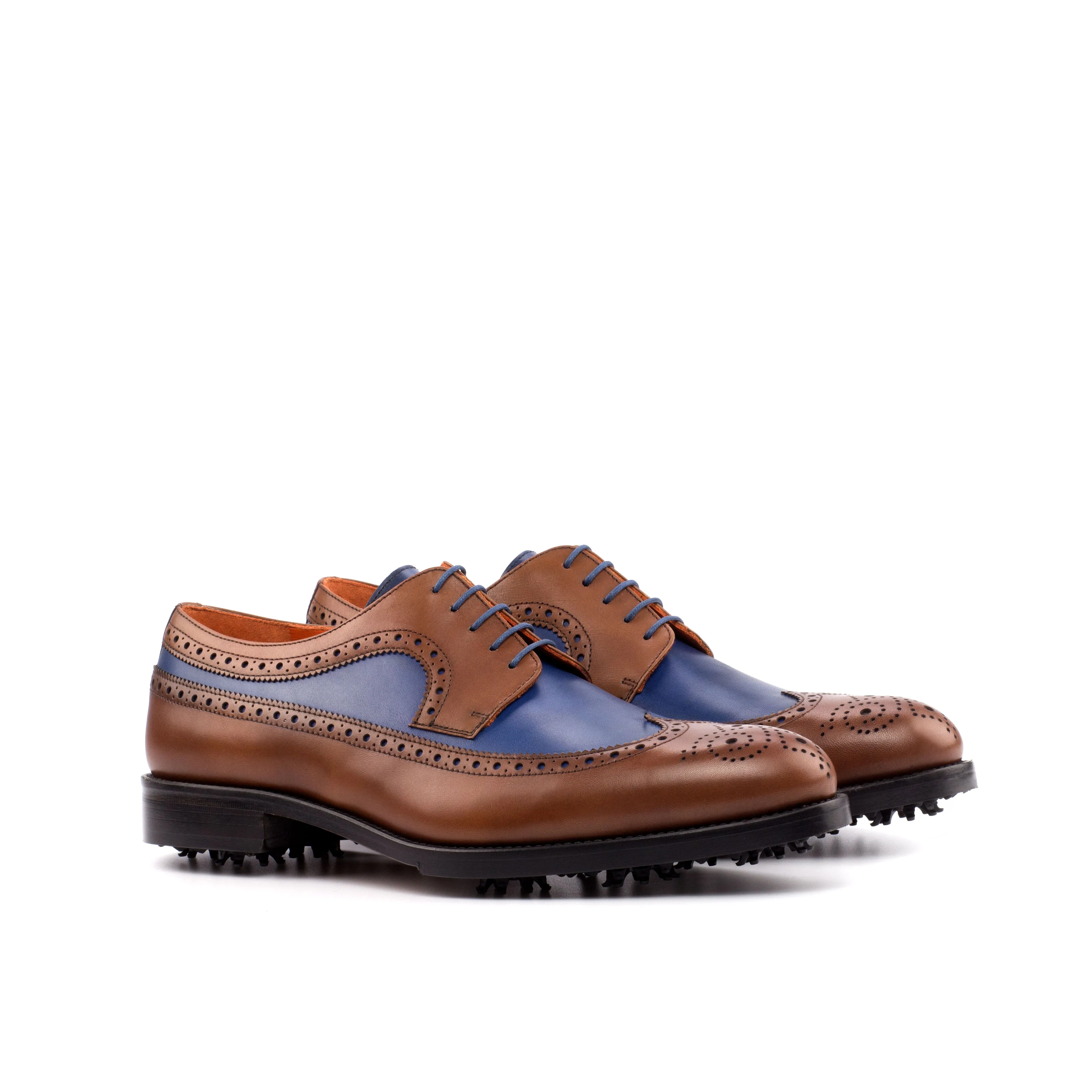 DapperFam Zephyr Golf in Med Brown / Navy Men's Italian Leather Longwing Blucher