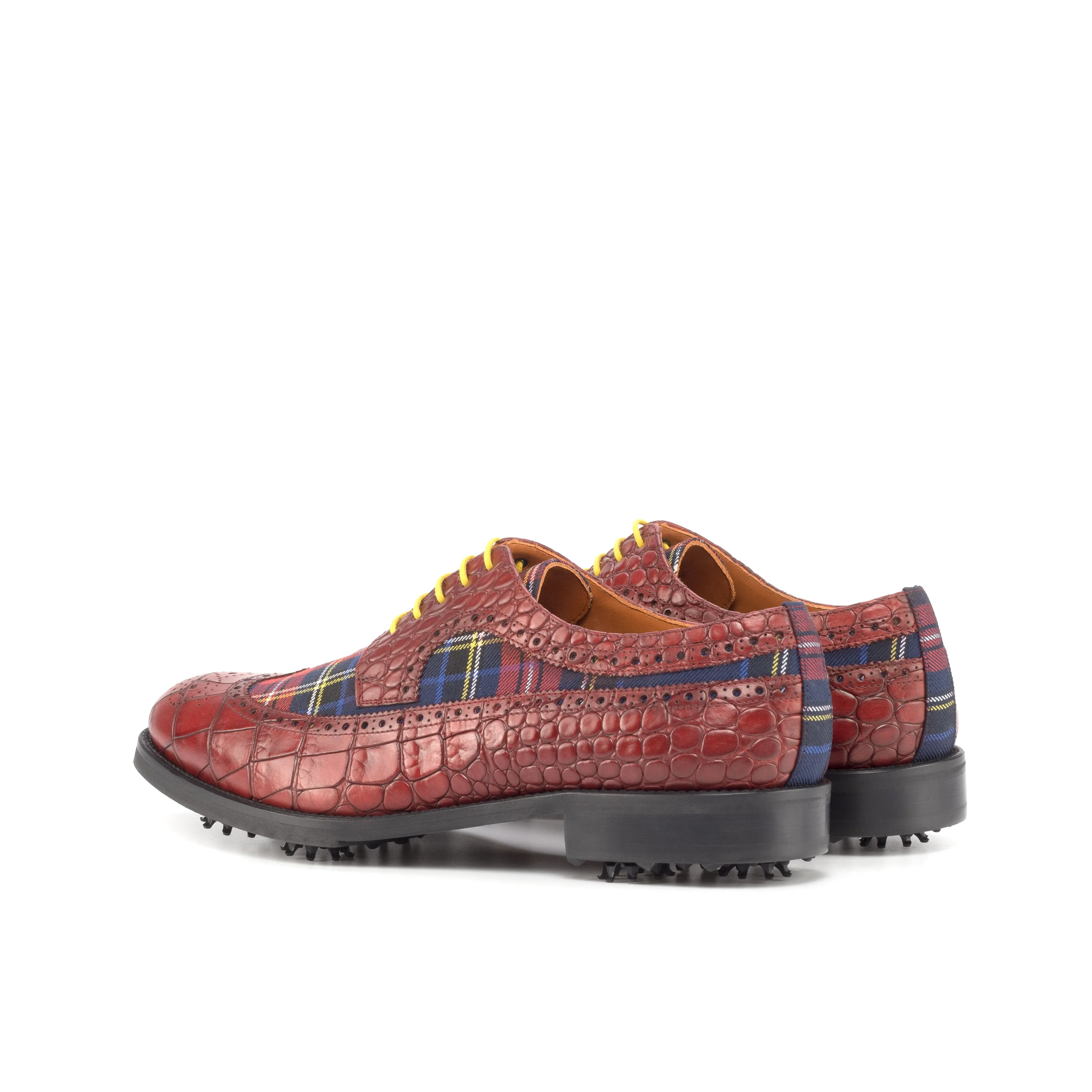 DapperFam Zephyr Golf in Tartan / Red Men's Sartorial & Italian Croco Embossed Leather Longwing Blucher