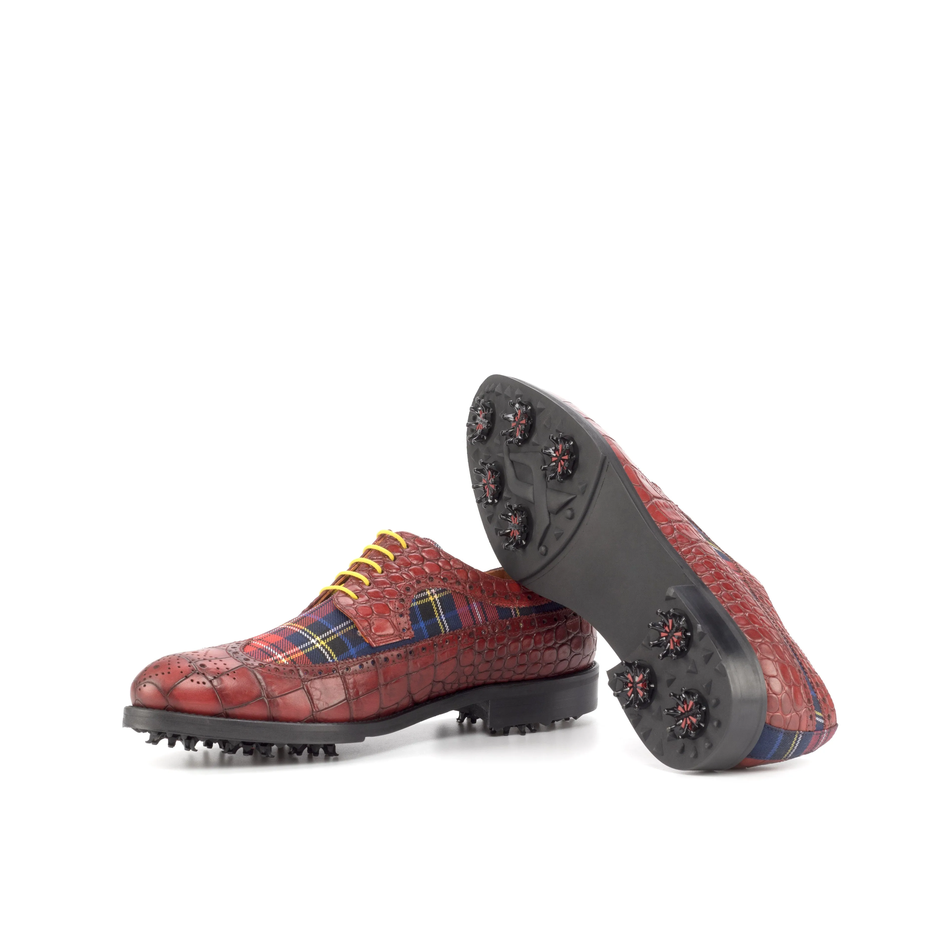 DapperFam Zephyr Golf in Tartan / Red Men's Sartorial & Italian Croco Embossed Leather Longwing Blucher