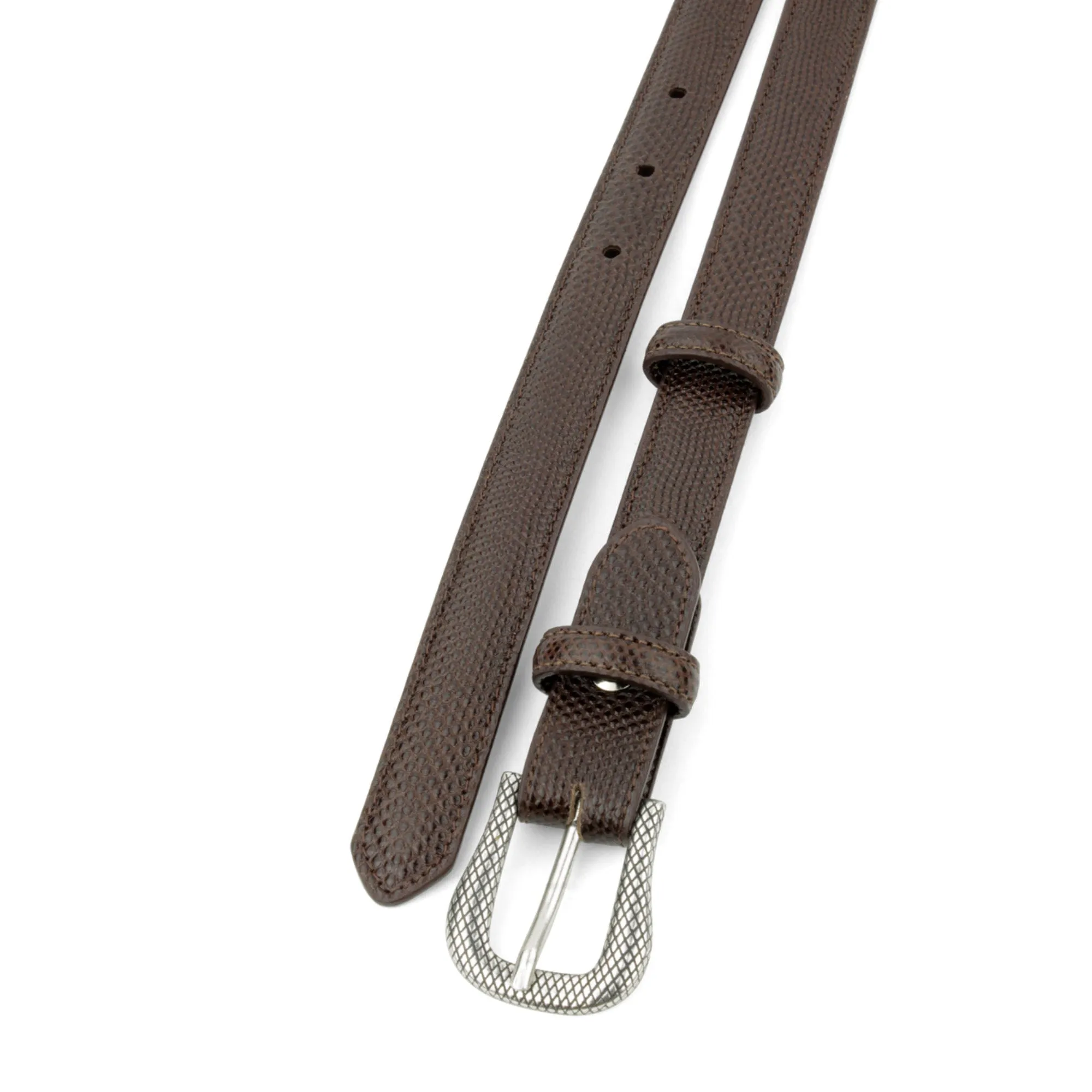 Dark Brown Skinny Carung Texture Etched Prong Belt