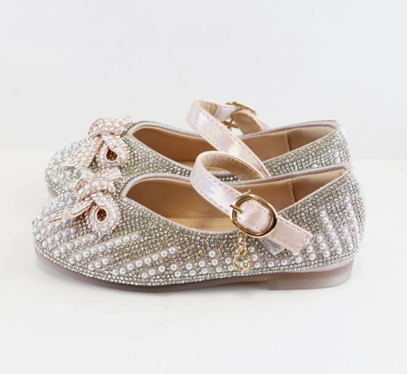 Doe a Dear PINK Pearl & Rhinestone Bowtie Girls Dress Shoes