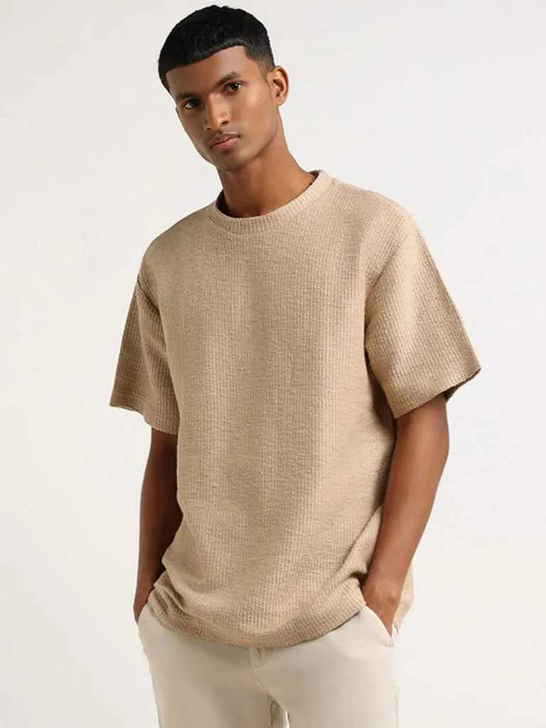 ETA Beige Self Patterened Cotton Blend Slim Fit T-Shirt