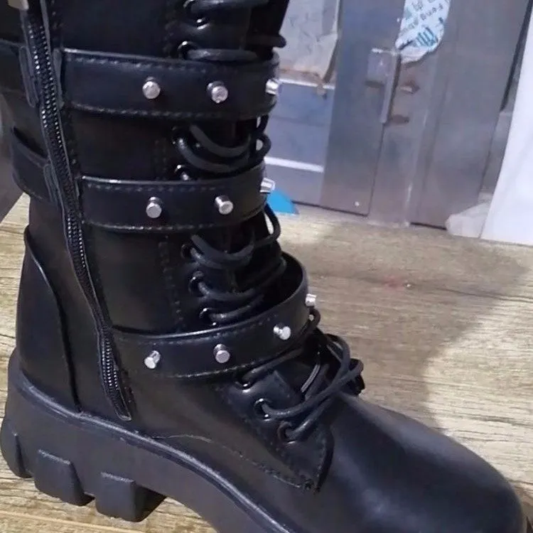 European And American Mid-calf Buckle Knight Boots Women