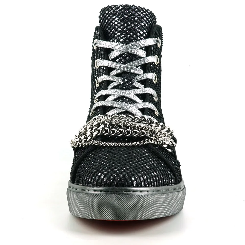 Fiesso Black Silver Chained Crystal High Top Sneakers