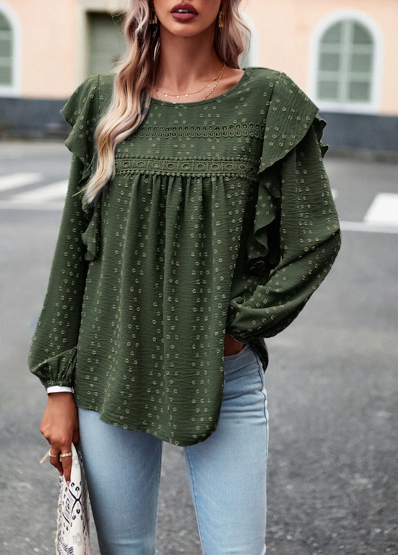 Green Long Sleeve Blouses Ruffle Dot Loose Fit Casual Tops