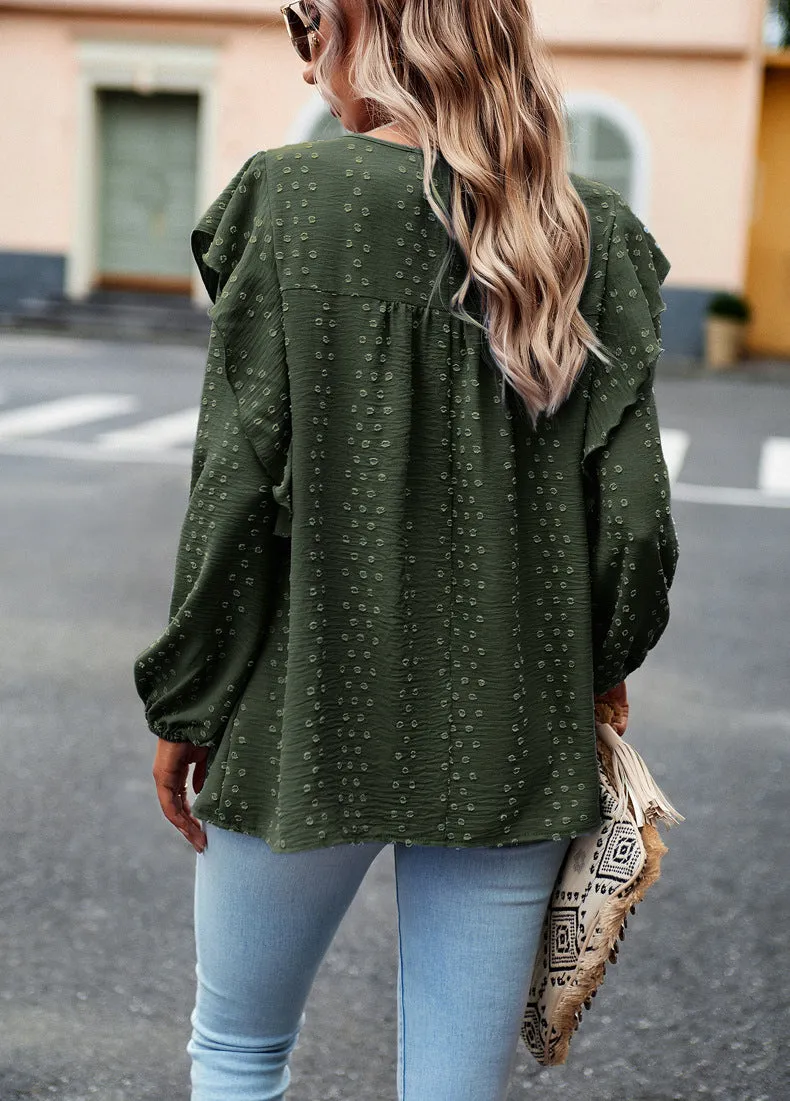 Green Long Sleeve Blouses Ruffle Dot Loose Fit Casual Tops