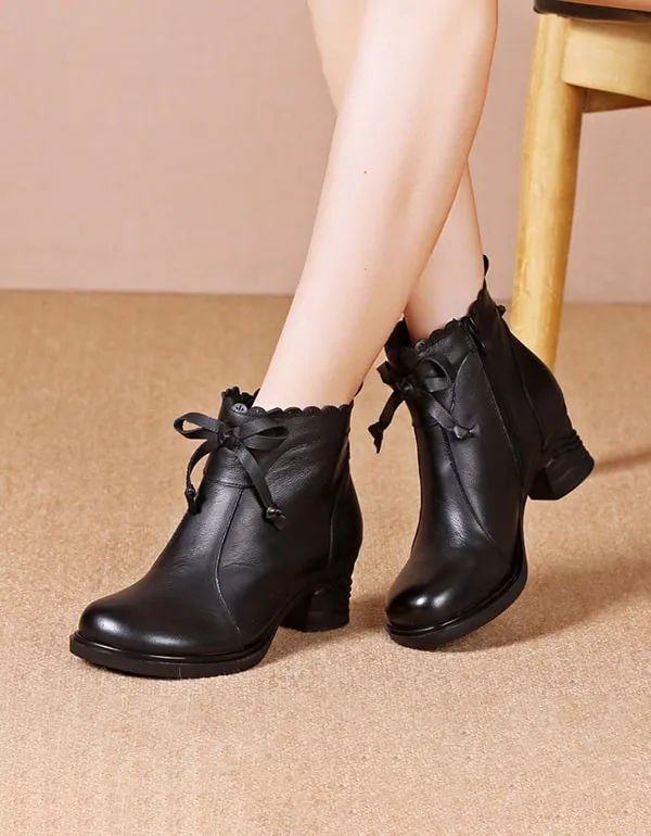 Hand-carved Bowknot Elegant Chunky Boots Women