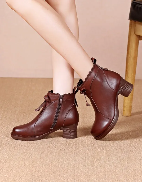 Hand-carved Bowknot Elegant Chunky Boots Women