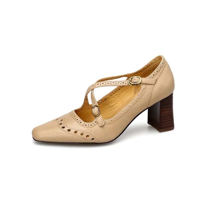 Handmade Cross Strap Leather Brogued Mary Jane Pumps in Apricot/Khaki