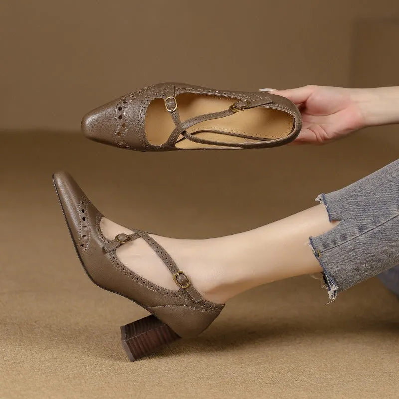 Handmade Cross Strap Leather Brogued Mary Jane Pumps in Apricot/Khaki