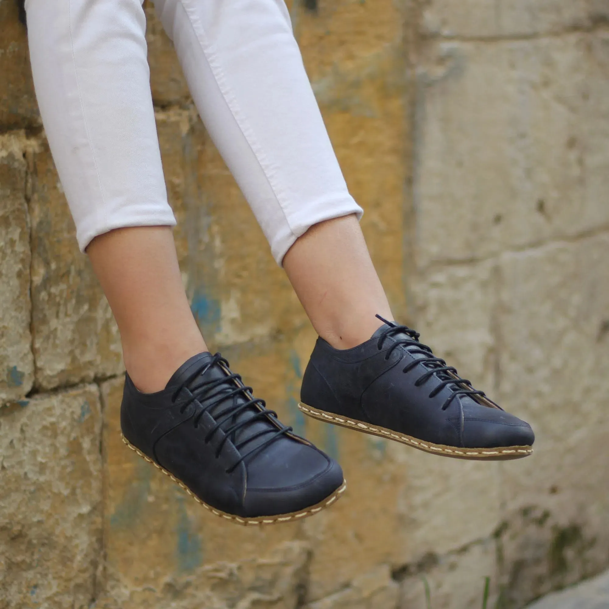 Handmade Women's Navy Blue Leather Barefoot Sneakers