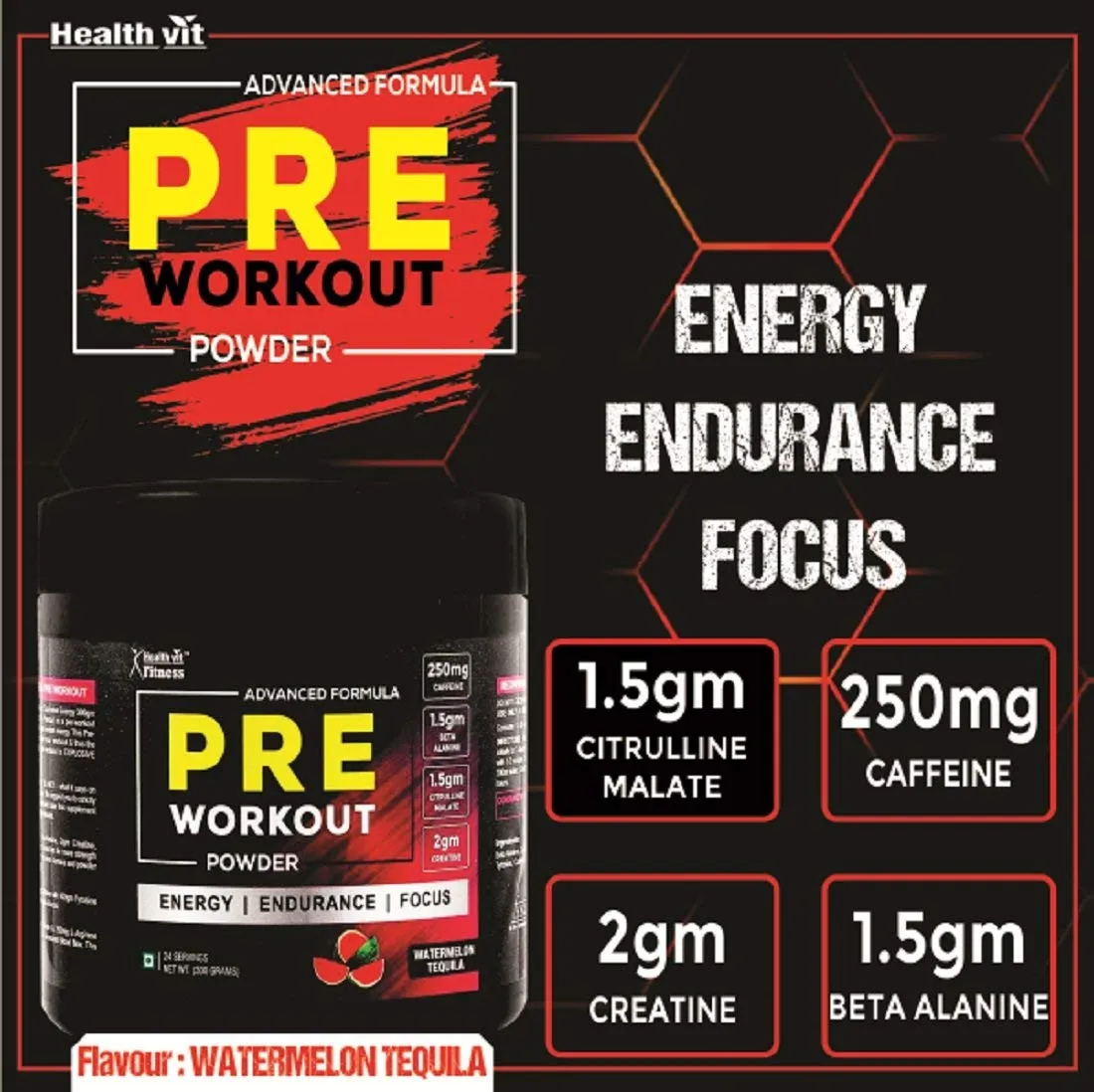 Healthvit Fitness Pre-Workout Explosive Energy 300gm Powder (Watermelon Tequila Flavour)