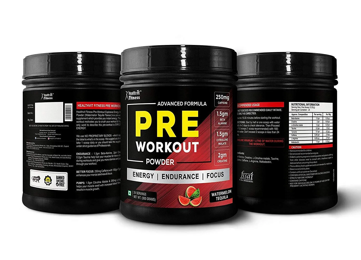 Healthvit Fitness Pre-Workout Explosive Energy 300gm Powder (Watermelon Tequila Flavour)