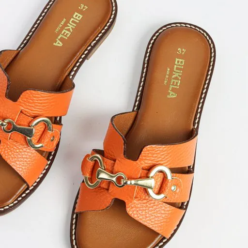 Holly Orange Leather Slides