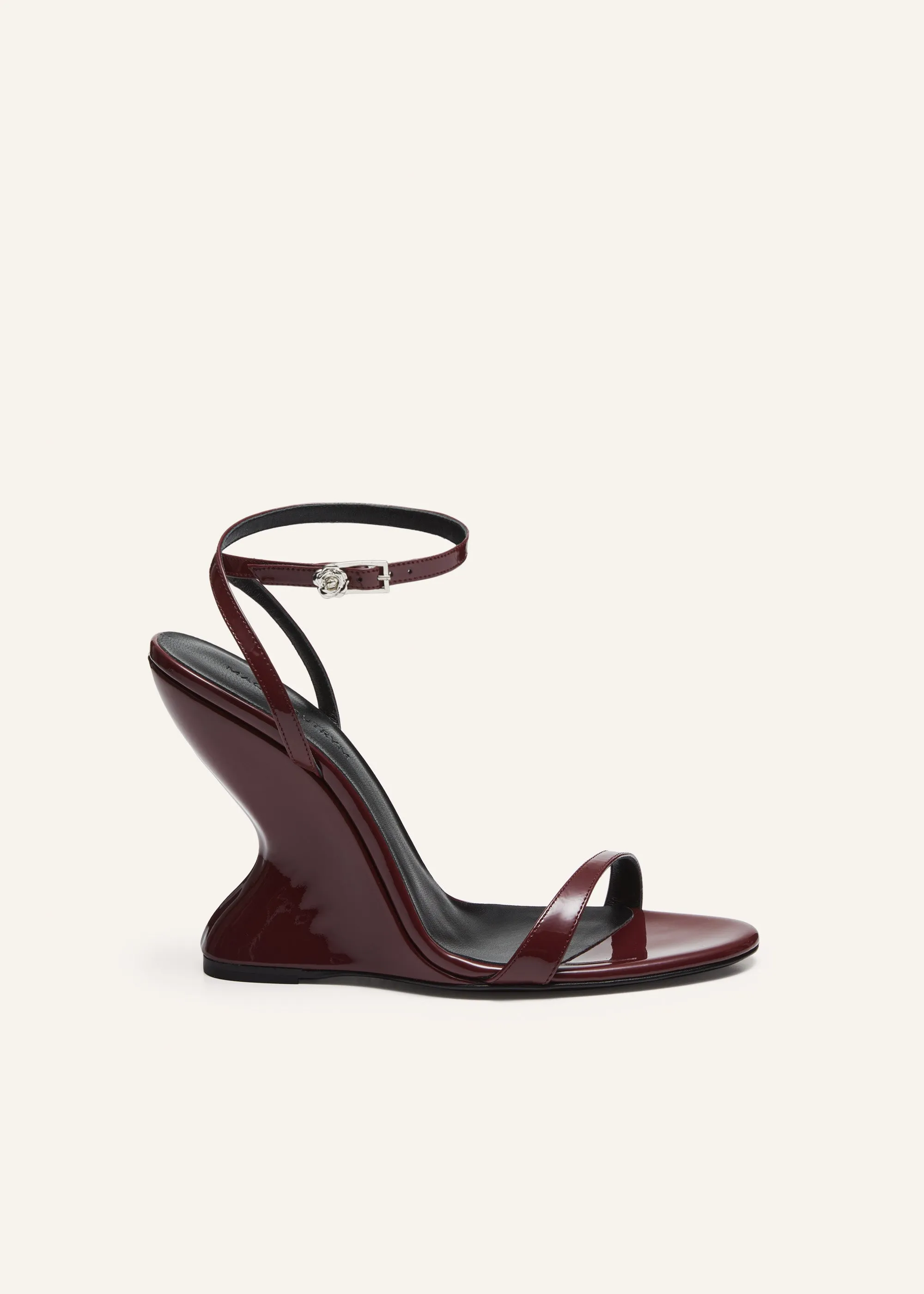 Inverted wedge strappy sandals in burgundy patent leather