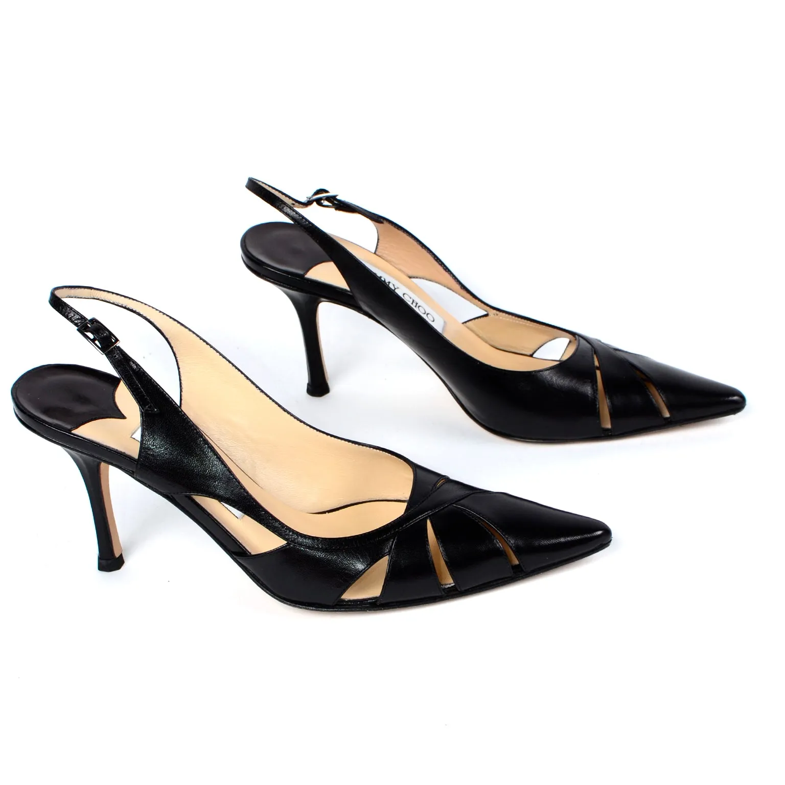 Jimmy Choo Shoes Black Leather Cutout Slingback Heels w Box