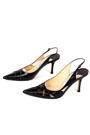 Jimmy Choo Shoes Black Leather Cutout Slingback Heels w Box