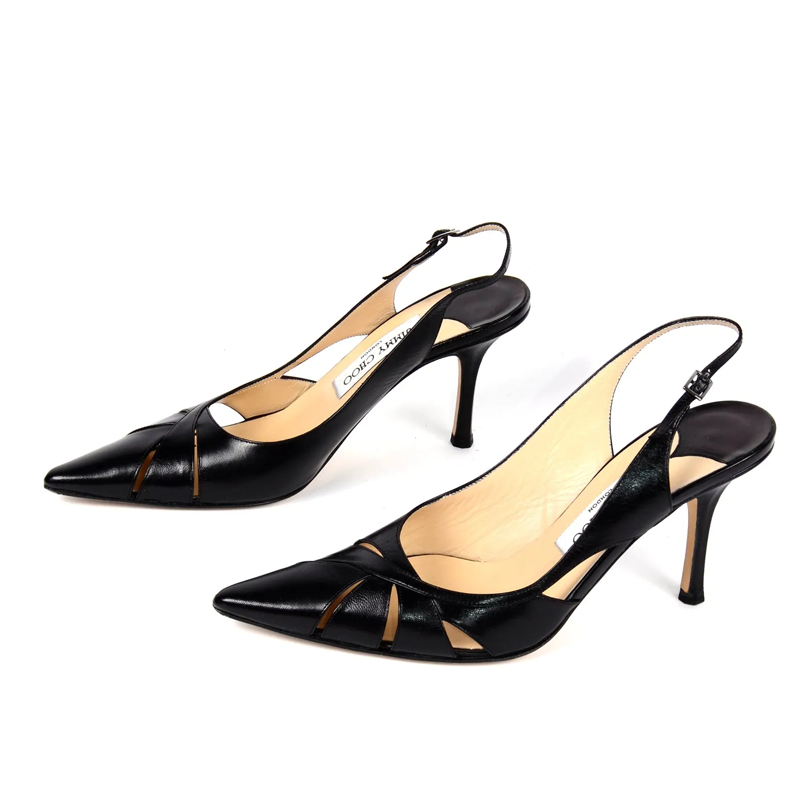 Jimmy Choo Shoes Black Leather Cutout Slingback Heels w Box