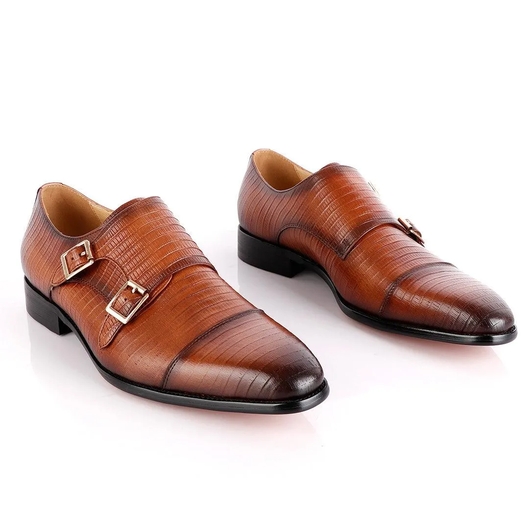 John Foster Double Monk-Strap Croc Brown Leather  Shoe