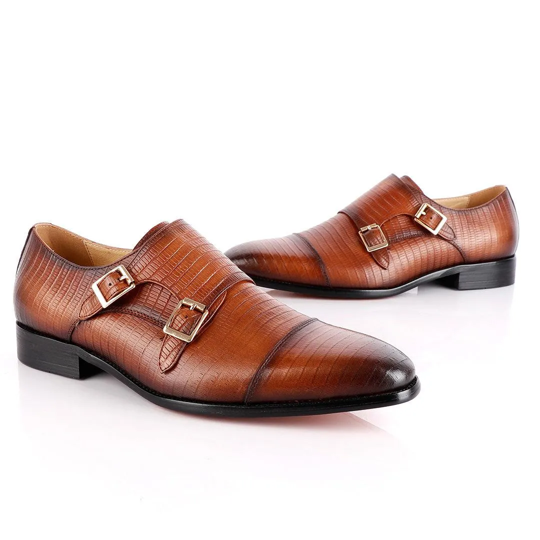 John Foster Double Monk-Strap Croc Brown Leather  Shoe