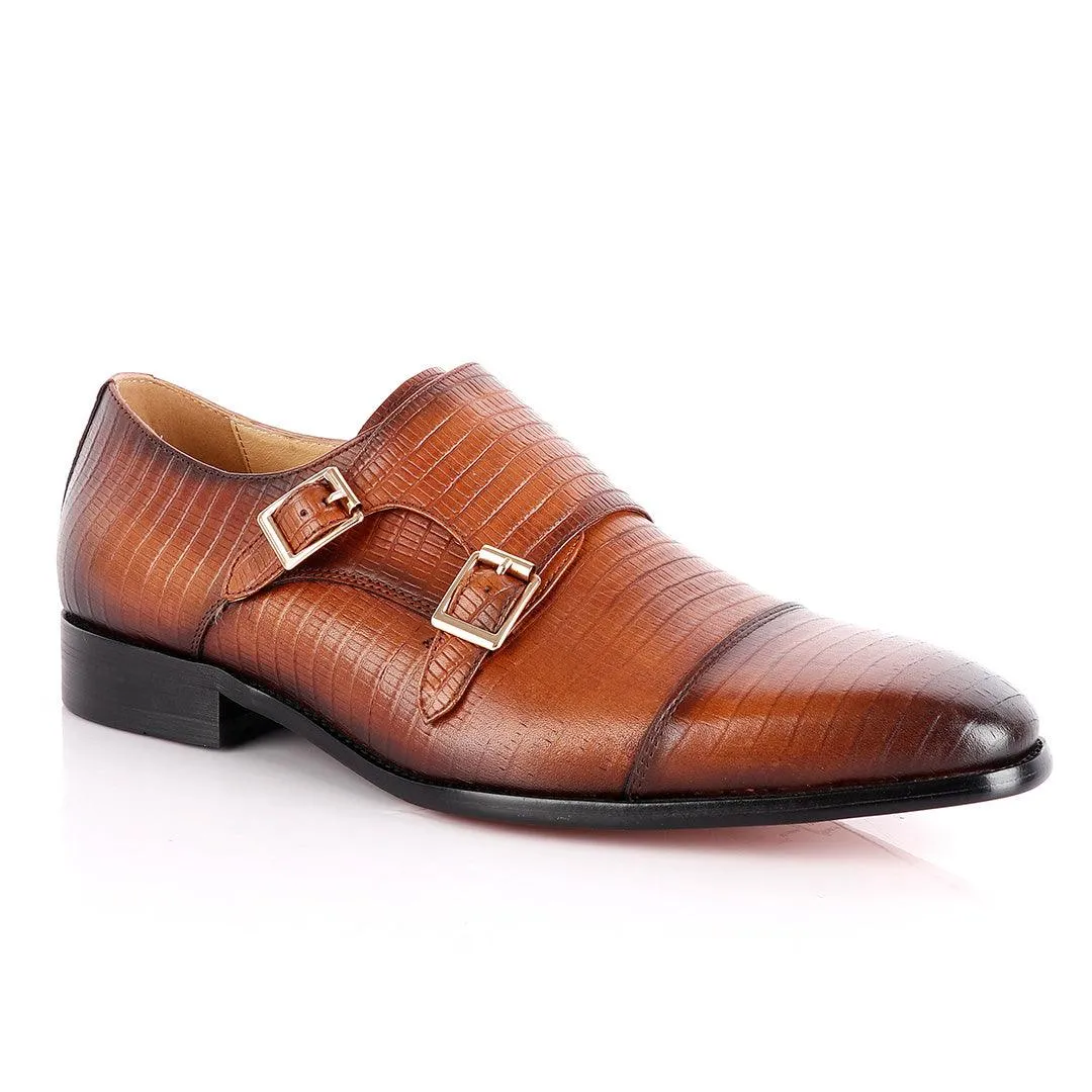 John Foster Double Monk-Strap Croc Brown Leather  Shoe