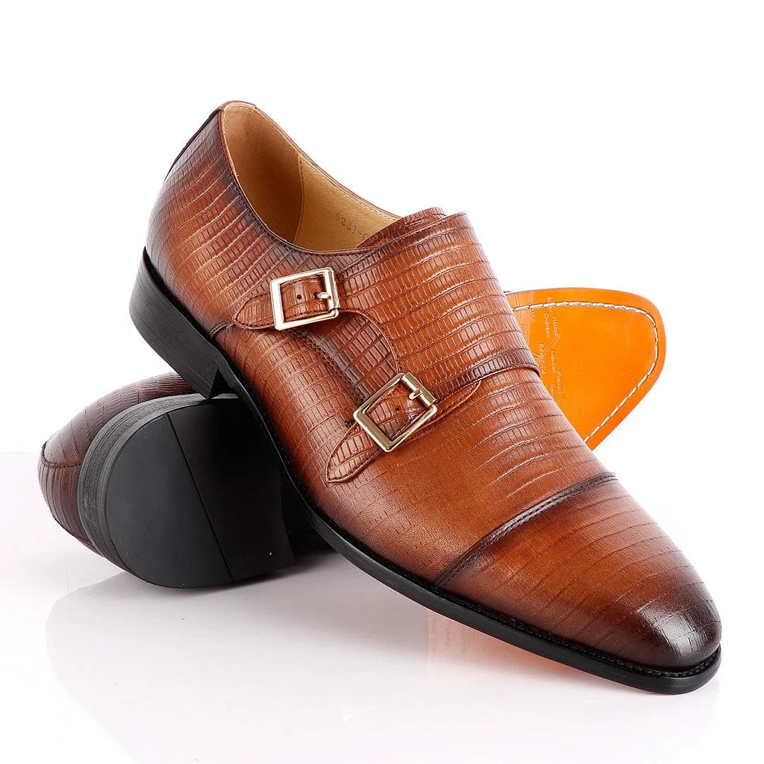 John Foster Double Monk-Strap Croc Brown Leather  Shoe