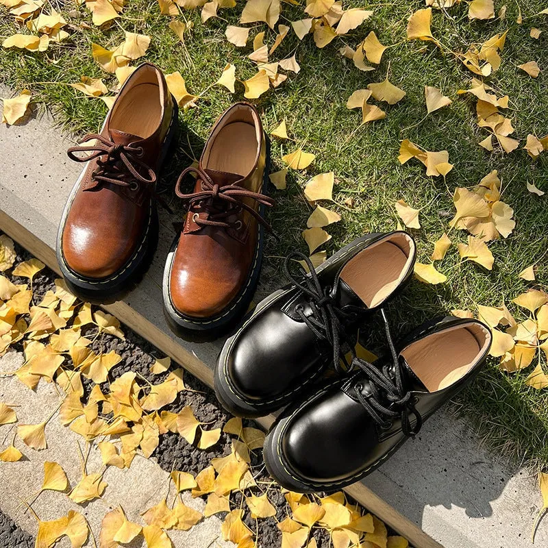 Leather Platform Derby Shoes for Women Round Toe Lace Up Oxford Shoes in Black/Brown