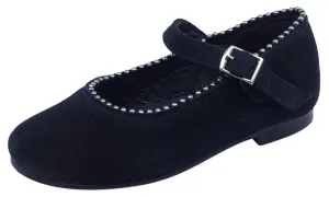 Luccini Black Suede Mary Jane with Silver Metal Ball Trim