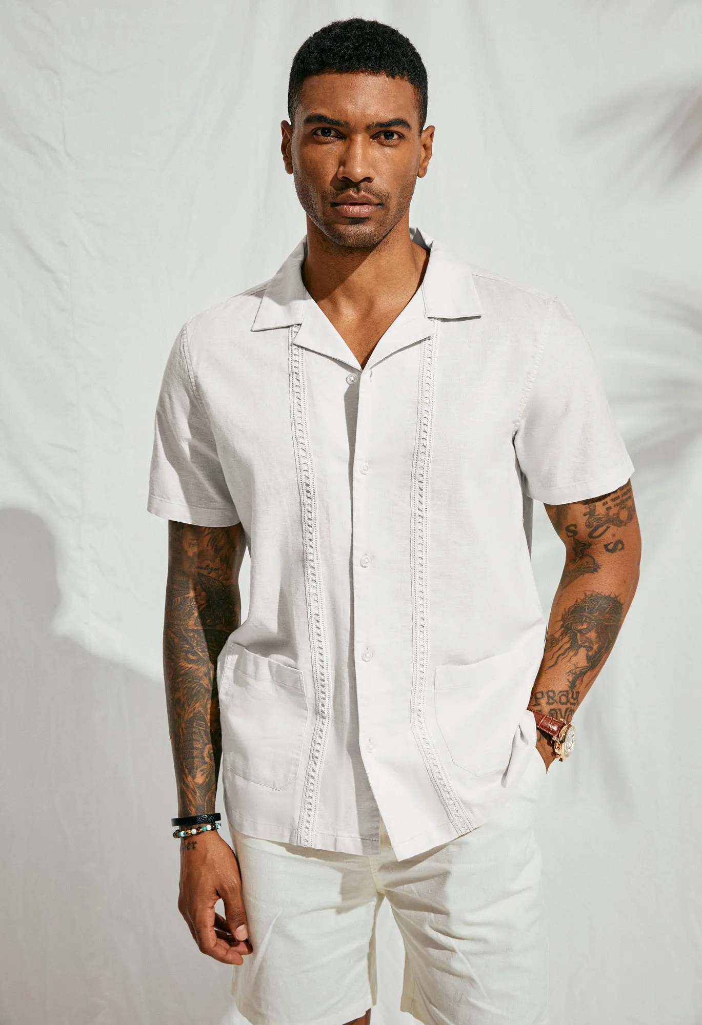 Mens Casual Button Down Shirts Linen Cuban Guayabera Beach Shirt