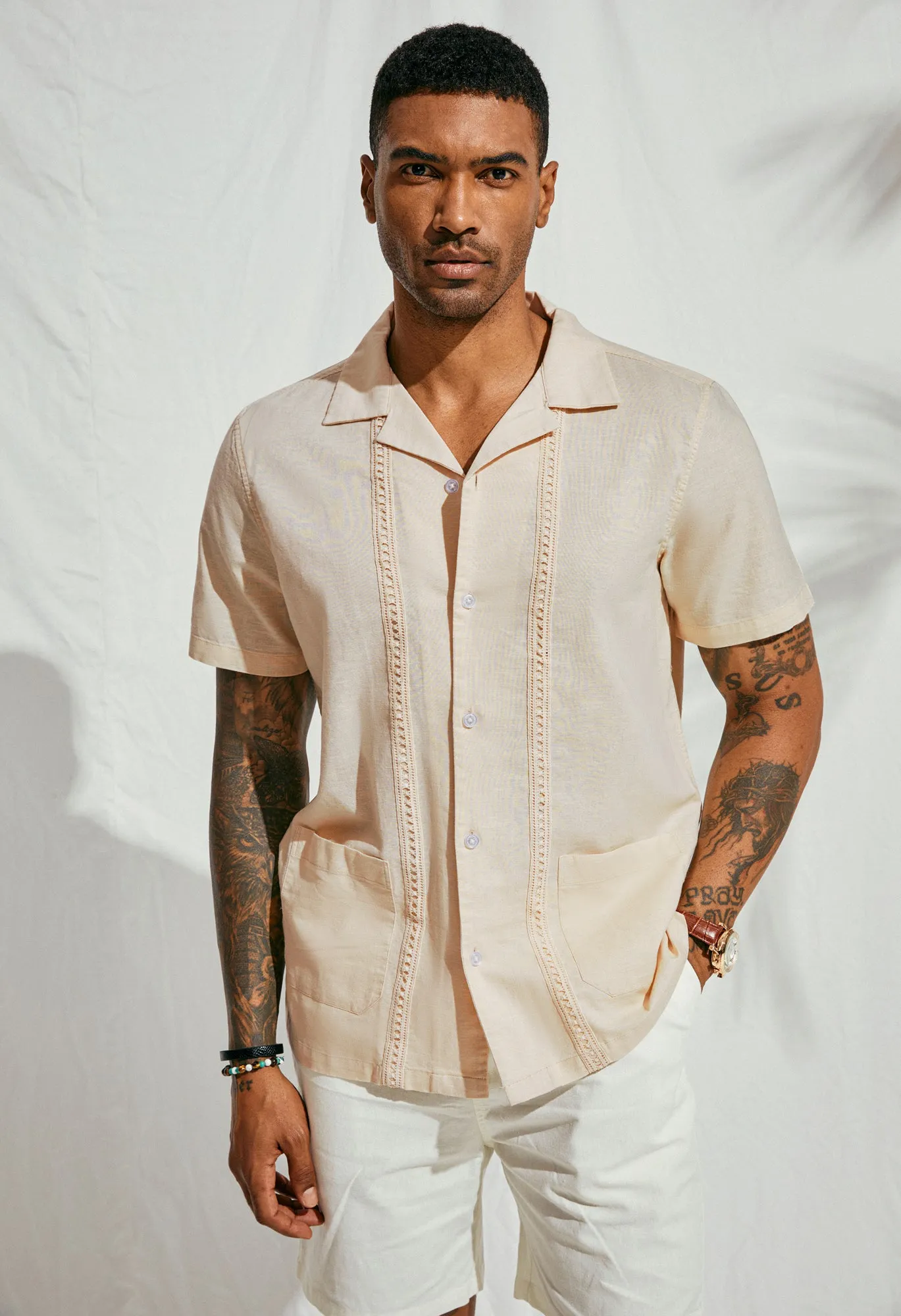 Mens Casual Button Down Shirts Linen Cuban Guayabera Beach Shirt