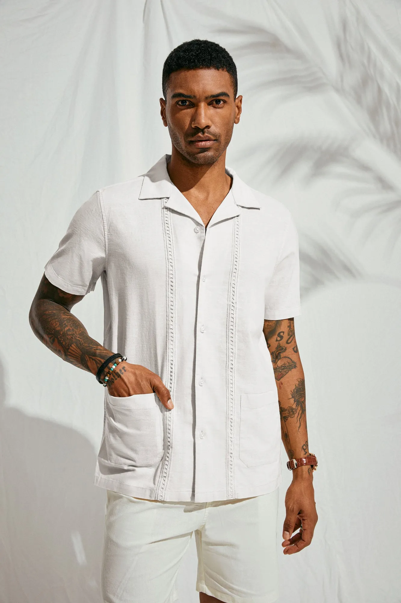 Mens Casual Button Down Shirts Linen Cuban Guayabera Beach Shirt