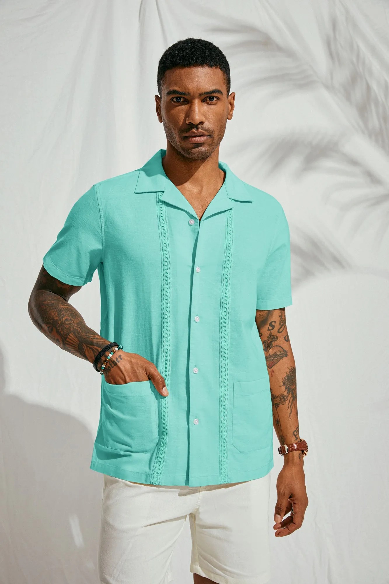 Mens Casual Button Down Shirts Linen Cuban Guayabera Beach Shirt