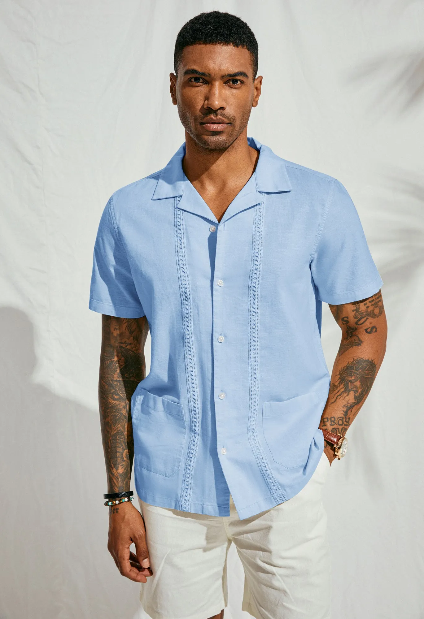 Mens Casual Button Down Shirts Linen Cuban Guayabera Beach Shirt