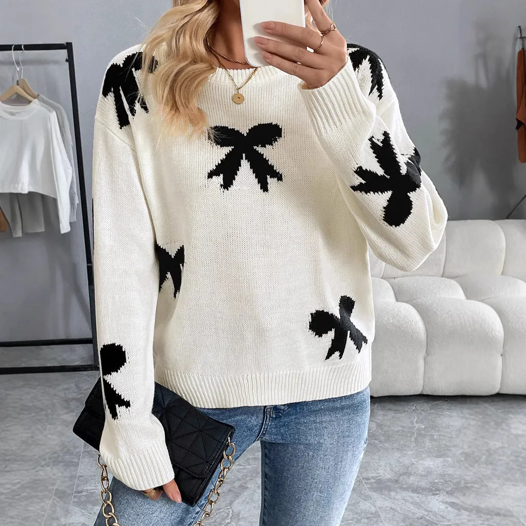 METAVERSMALL New new 2025 casual versatile simple high-end sweater  round neck bow jacquard autumn and winter sweater women