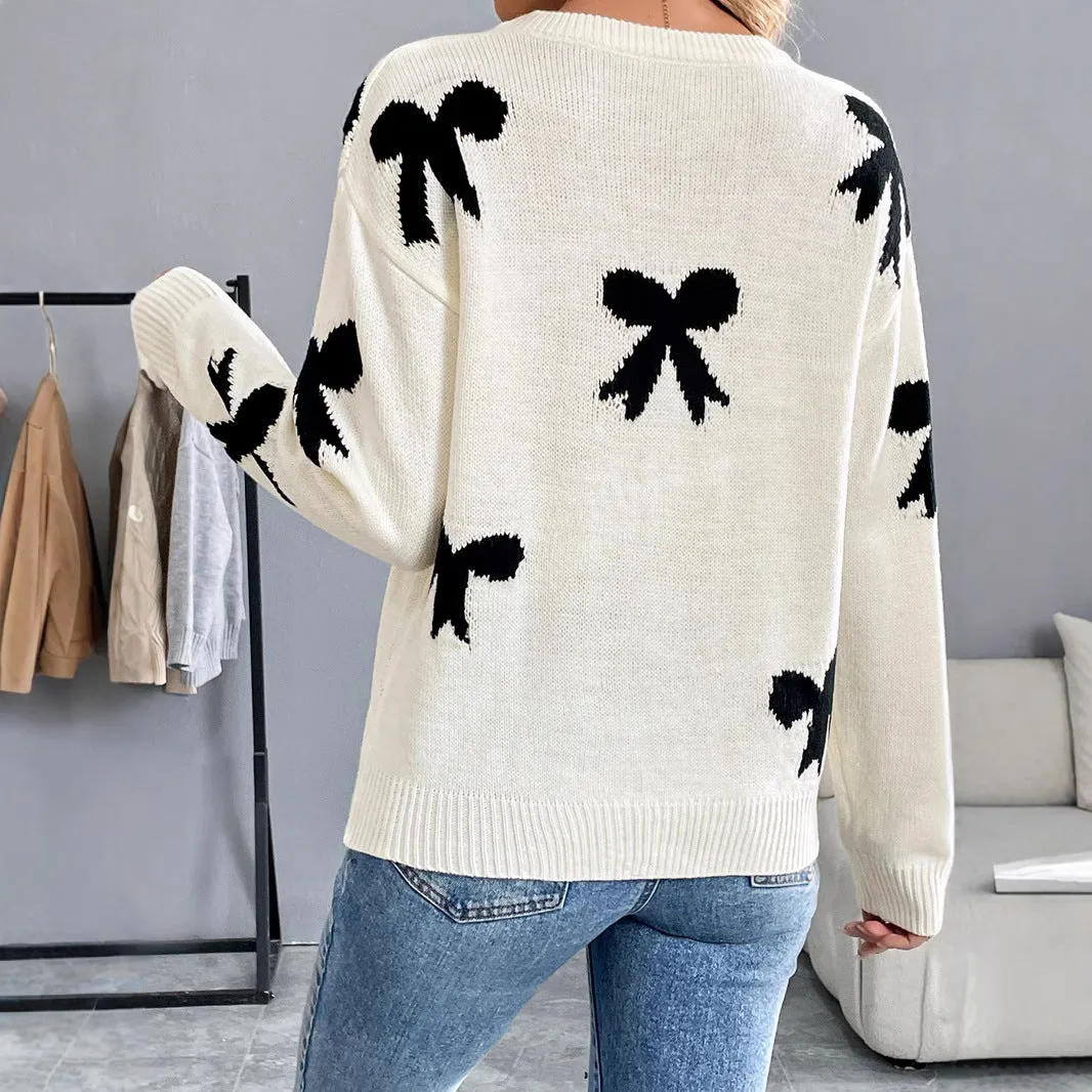 METAVERSMALL New new 2025 casual versatile simple high-end sweater  round neck bow jacquard autumn and winter sweater women