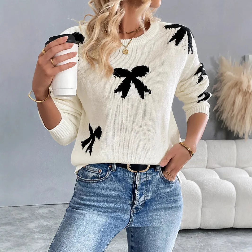 METAVERSMALL New new 2025 casual versatile simple high-end sweater  round neck bow jacquard autumn and winter sweater women