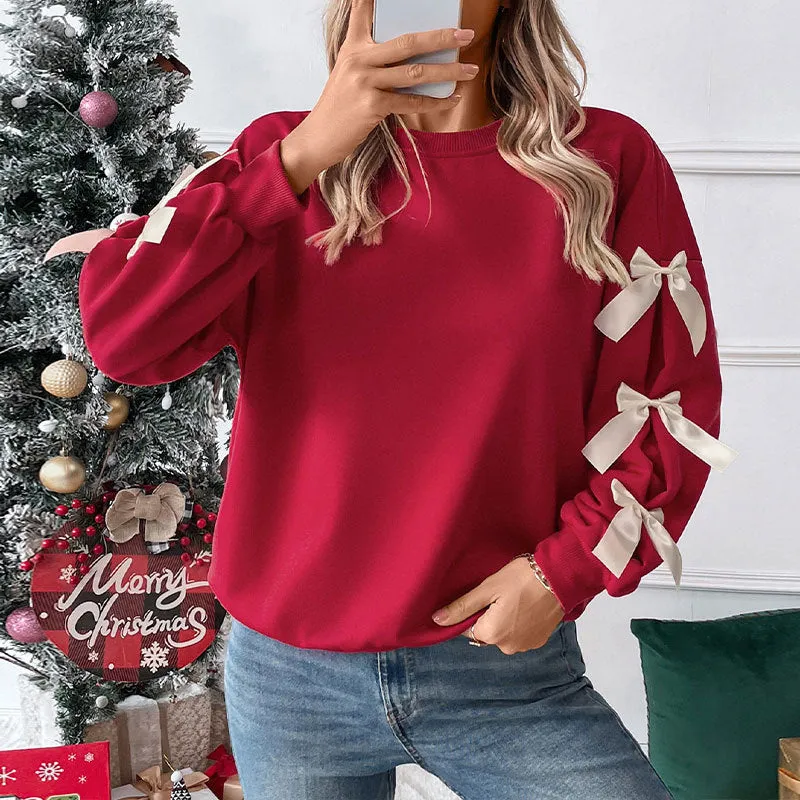 METAVERSMALL New New autumn and winter new Valentine's Day 2025 tops  round neck bows red Christmas sweater women