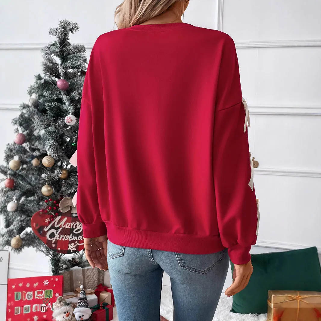 METAVERSMALL New New autumn and winter new Valentine's Day 2025 tops  round neck bows red Christmas sweater women