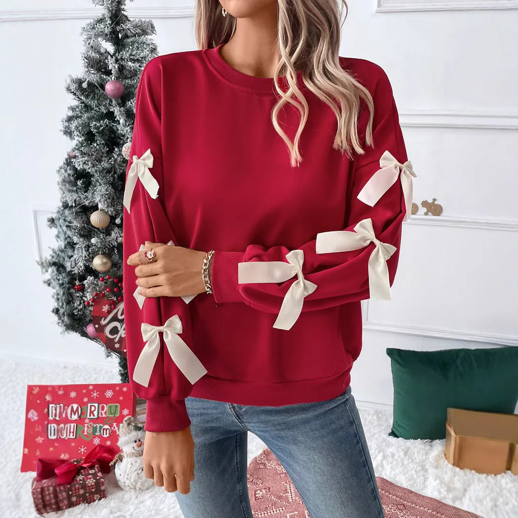 METAVERSMALL New New autumn and winter new Valentine's Day 2025 tops  round neck bows red Christmas sweater women