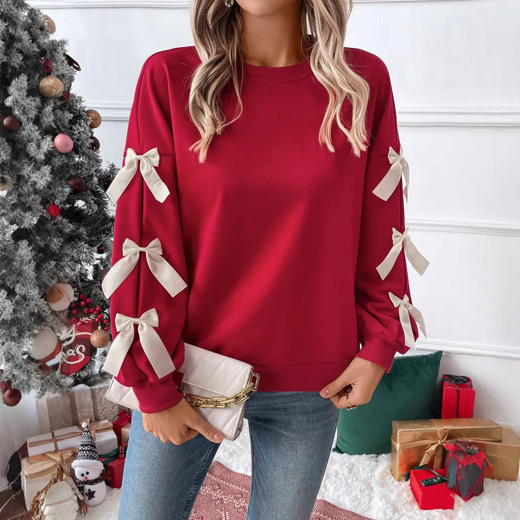 METAVERSMALL New New autumn and winter new Valentine's Day 2025 tops  round neck bows red Christmas sweater women