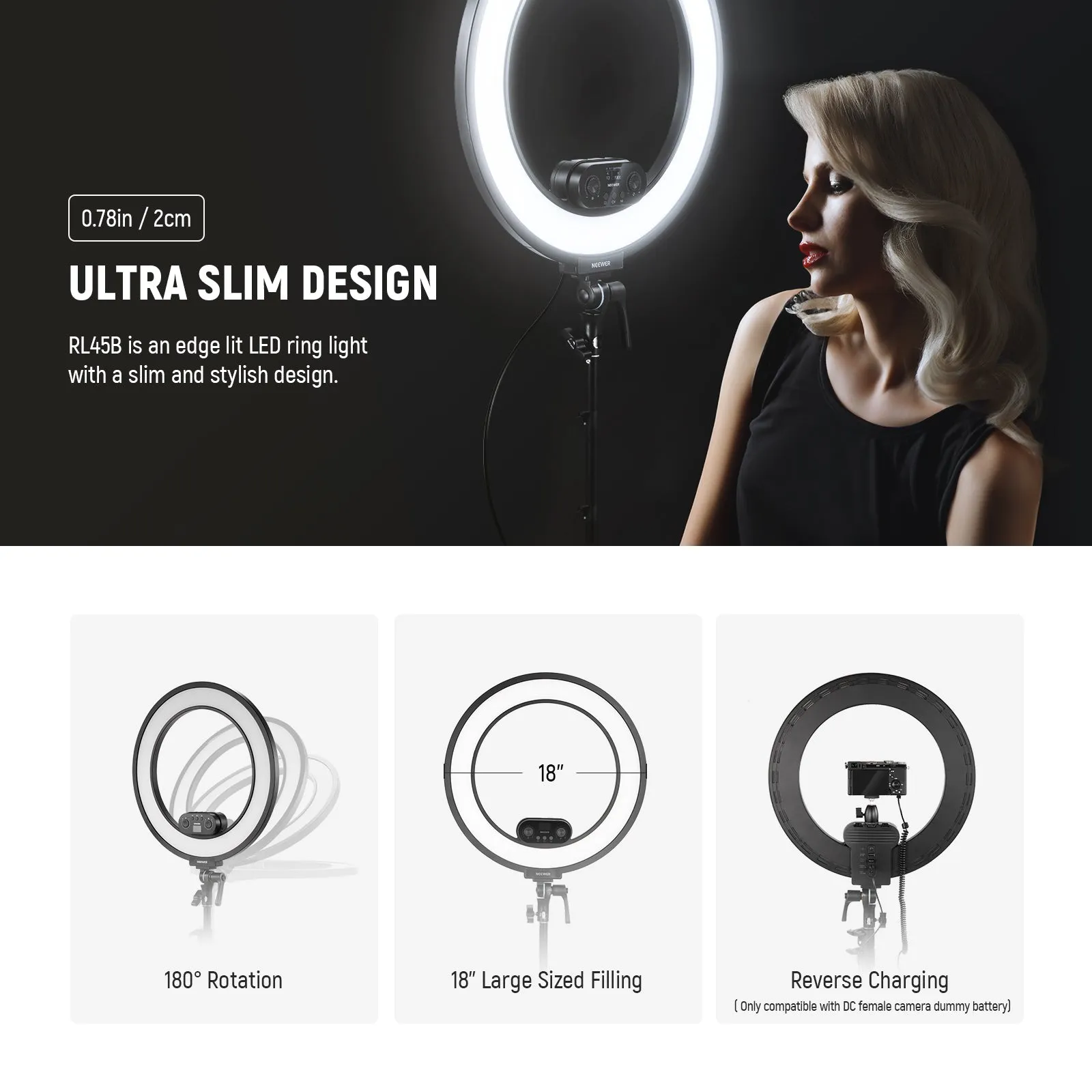 NEEWER RL45B 45W 18" Slim Edge Lit Ring Light Kit