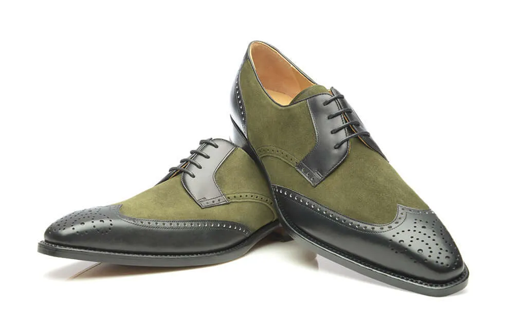 New Handmade Leather two-tone full-brogue Oxford in Black and Green For Mens