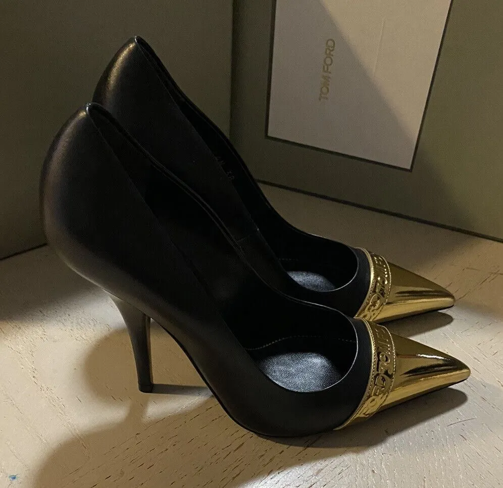 NIB $1150 TOM FORD Women’s Metallic Cap-Toe Logo Pumps Shoes Black/Gold 8/38 Eu