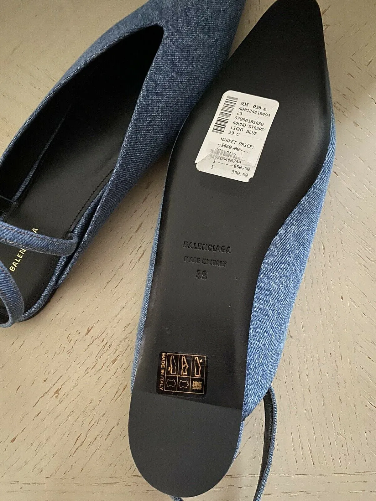 NIB $650 Balmain Women Anjle-Strap Denim Flats Shoes Blue 9 US ( 39 Eu ) Italy