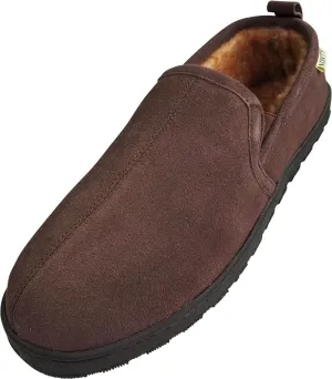 Norty Mens Genuine Leather Cowhide Suede Slippers - Twin Gore Slip On Loafer - Lux Plush Fur Lining