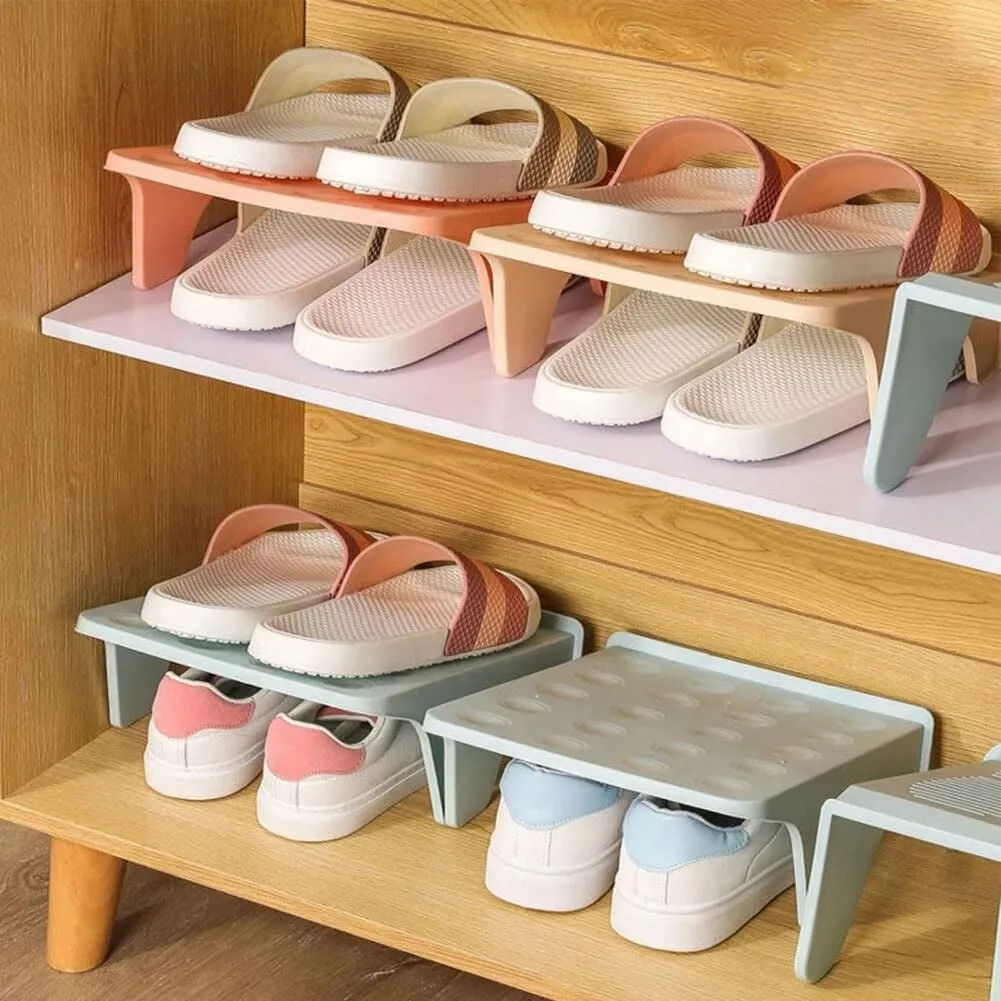 NYALKARAN Plastic Shoe Organizer Stand Space Saver Shoe Storage Rack Double Layer Free Standing Shoe Slipper Stacker Shelf (SET OF 6, MULTICOLOR)