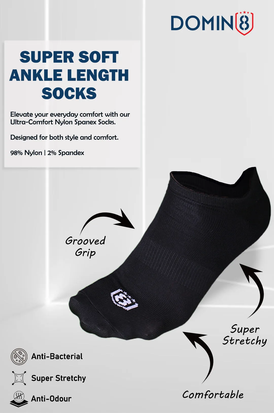 Nylon Low Ankle Socks With Rubber Grip  - Black